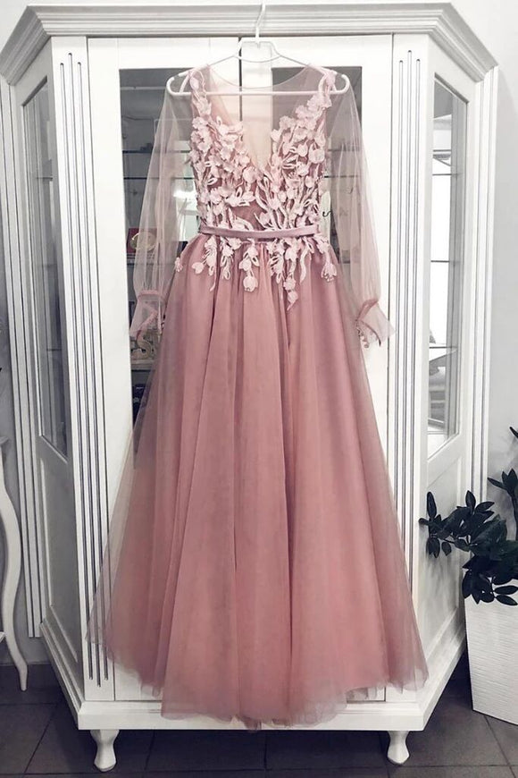 Pink A Line Tulle Long Sleeves Floor Length Prom Dress PFP1551