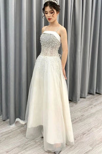 Off White A Line Spaghetti Straps Beading Elegant Long Prom Dress PFP1552