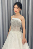 Off White A Line Spaghetti Straps Beading Elegant Long Prom Dress PFP1552