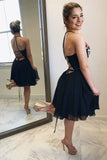 Black Floral A Line V Neck Cheap Chiffon Short Prom Dresses PFH0153