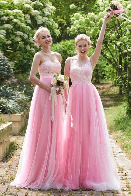 Elegant Pink Tulle A Line Long Bridesmaid Dress For Wedding PFB0034