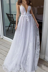 White Deep V Neck Beach Wedding Dresses Spahetti Straps Lace Bridal Dresses PFW0394