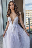White Deep V Neck Beach Wedding Dresses Spahetti Straps Lace Bridal Dresses PFW0394