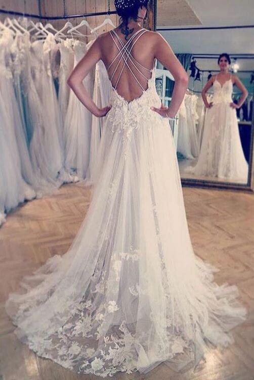 Deep V Neck Applique Wedding Dresses Ivory A Line Wedding Gowns PFW0395