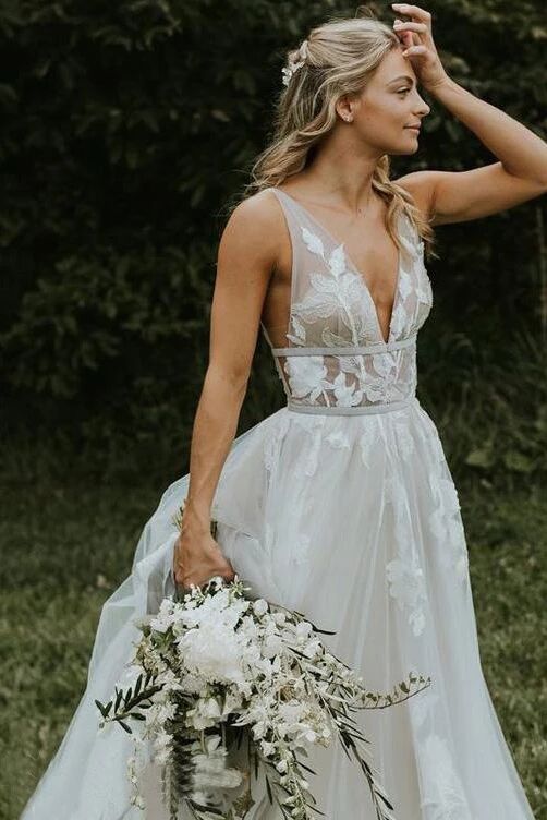 Deep V Neck Flower Applique Wedding Dresses Ivory A Line Wedding Gowns PFW0396