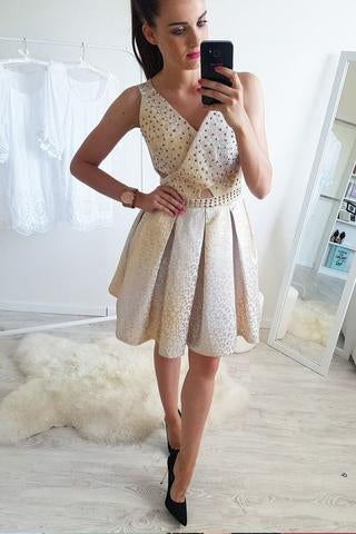 A-Line V-Neck Mini Cheap Homecoming Dress with Beading,Sweet 16 Dresses