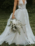 Deep V Neck Flower Applique Wedding Dresses Ivory A Line Wedding Gowns PFW0396