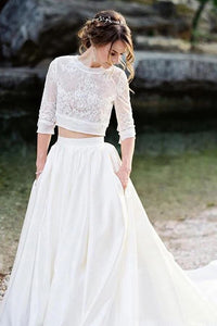 Ivory Lace Top Two Pieces Wedding Dresses Gorgegous Sweep Train Wedding Gowns With Pockets PFW0399