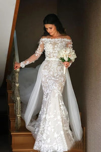 Off White Mermaid Lace Wedding Dresses Off the Shoulder Bridal Dresses PFW0404