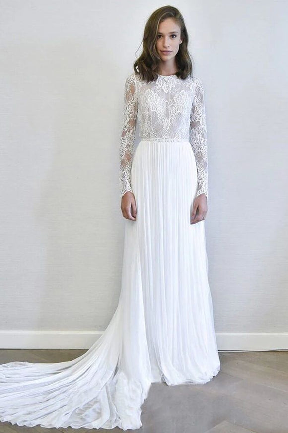 Ivory Long Sleeves A Line Wedding Dresses Chiffon Detachable Bridal Dress PFW0405