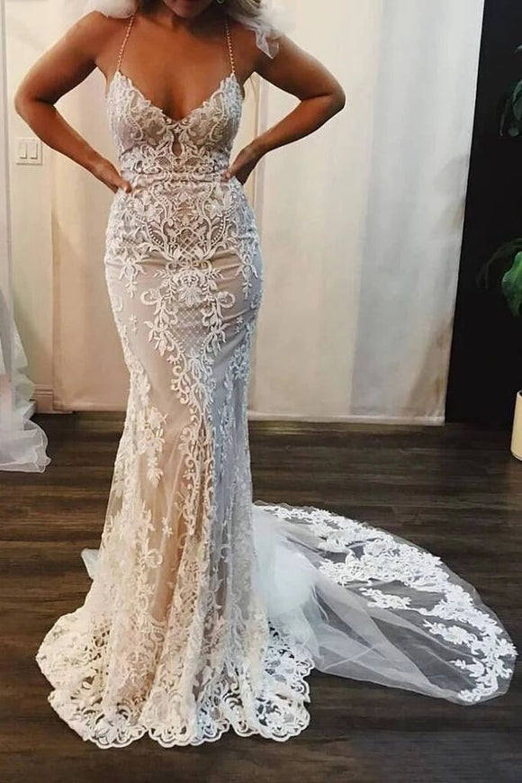 Spaghetti Strap Mermaid Wedding Dresses Lace Appliques Long Bridal Dress PFW0406