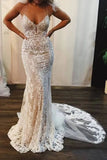 Spaghetti Strap Mermaid Wedding Dresses Lace Appliques Long Bridal Dress PFW0406