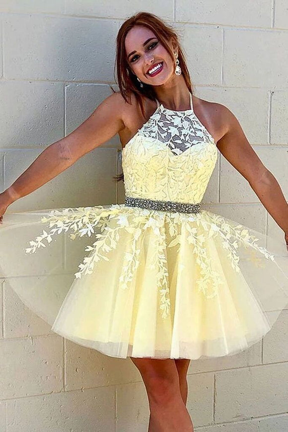 A Line Halter Yellow Lace Appliques Homecoming Dress, Short Prom Dress Promfast A Line Halter Yellow Lace Appliques Homecoming Dress, Short Prom Dress Promfast