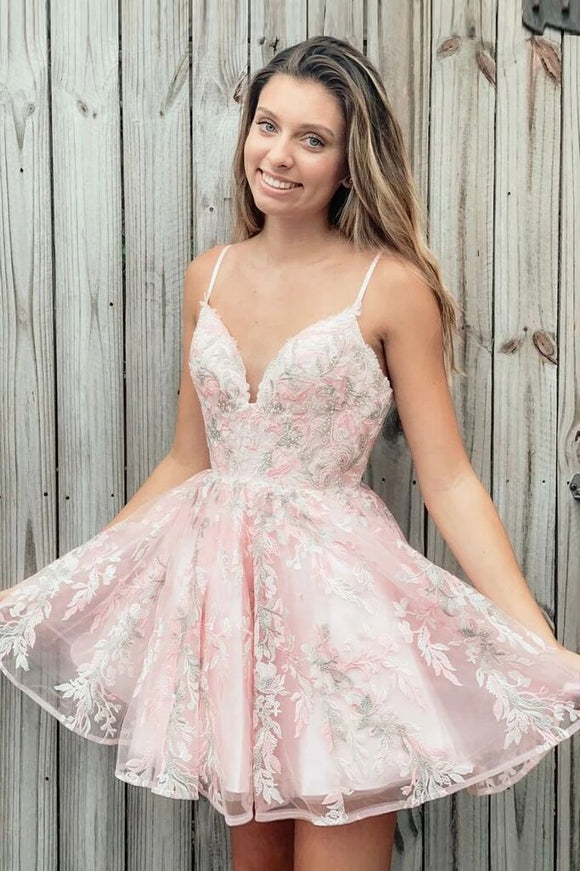 Spaghetti Strap A Line Appliques Pink Homecoming Dress, Short Prom Dre Promfast Spaghetti Strap A Line Appliques Pink Homecoming Dress, Short Prom Dre Promfast