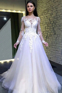 A Line Long Sleeves Round Neck Tulle Lace Appliques Wedding Dresses PFW0407