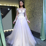 A Line Long Sleeves Round Neck Tulle Lace Appliques Wedding Dresses PFW0407