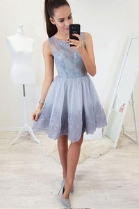 A-Line Round Neck Open Back Short Blue Homecoming Dress with Lace Appliques 