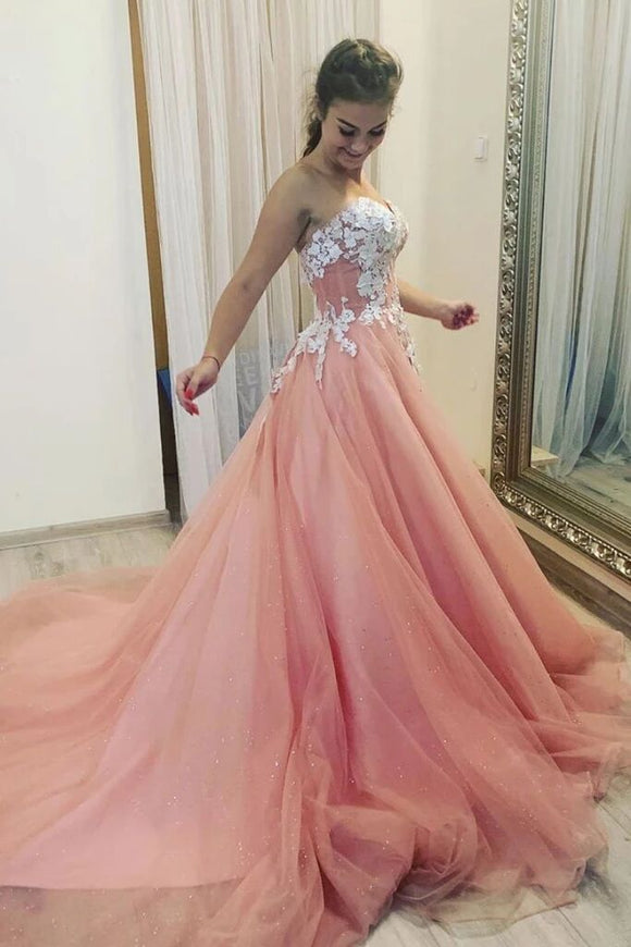 A Line Sweetheart Tulle Appliques Prom Dresses, Long Formal Dress PFP1555