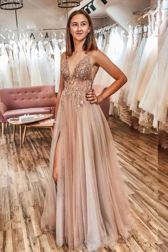 A Line Tulle V Neck Applqiues Prom Dresses With Slit PFP1556