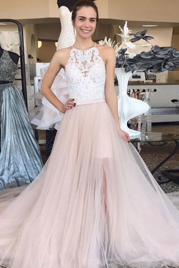 Pearl Pink Tulle A Line Lace Top Long Sleeveless Prom Dresses PFP1557