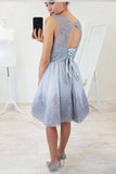 A-Line Round Neck Open Back Short Blue Homecoming Dress with Lace Appliques PFH0157