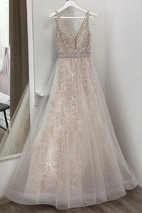 Ivory A Line V Neck Lace Beading Sleeveless Prom Dresses PFP1560