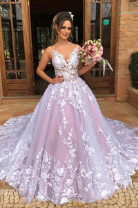Ball Gown V Neck Lace Appliques Tulle Prom Dresses PFP1563
