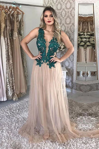 A Line Tulle V Neck Long Prom Dresses With Green Appliques PFP1564