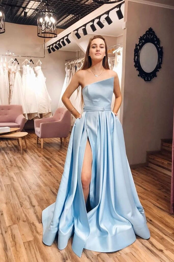 Strapless Satin Light Blue Slit A Line Simple Prom Dresses With Pockte Promfast Strapless Satin Light Blue Slit A Line Simple Prom Dresses With Pockte Promfast