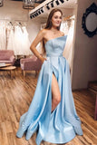 Strapless Satin Light Blue Slit A Line Simple Prom Dresses With Pocktets PFP1566