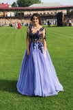 A Line Long SLeeves Blue Lace Appliques Prom Dresses PFP1568
