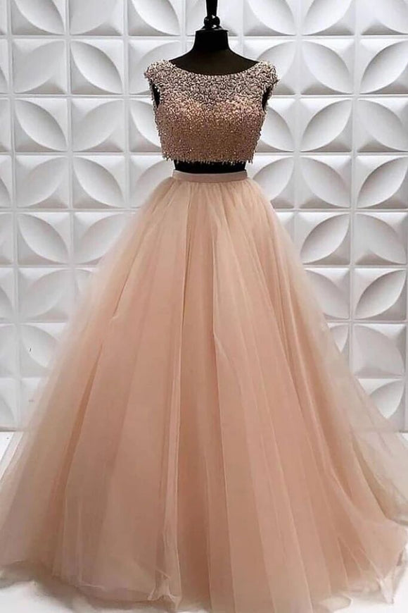 Two Pieces A Line Tulle Beading Long Sleeveless Prom Dress PFP1570