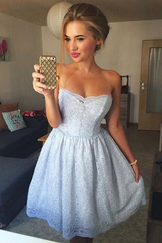 A-Line Strapless Light Blue Lace Short Homecoming Dresses 