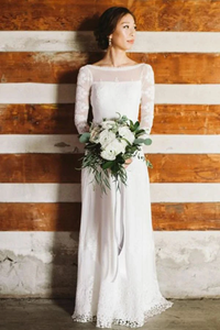 Promfast Unique Bateau Neck Long Sleeves Backless Lace Wedding Dress PFW0470