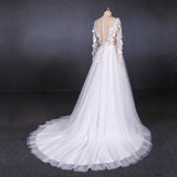A Line Tulle Lace Appliques Long Sleeves Wedding Dress, Cheap Bridal Dresses PFW0414