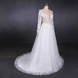 A Line Tulle Lace Appliques Long Sleeves Wedding Dress, Cheap Bridal Dresses PFW0414