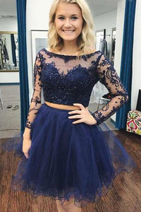 Two Piece Bateau Long Sleeves Dark Blue A Line Tulle Homecoming Dress