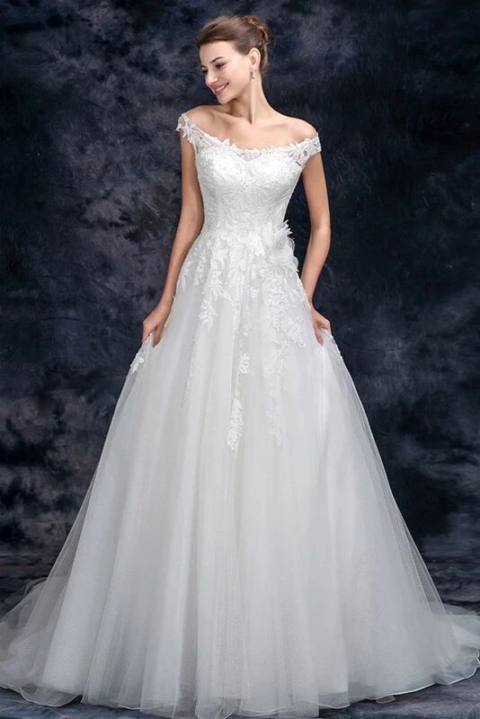 A Line Off the Shoulder Appliques Tulle Long Wedding Dress, Bridal Dresses PFW0416