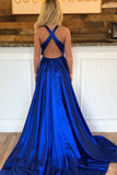 Royal Blue A Line Split Prom Dresses, V Neck Long Formal Party Dress PFP0467