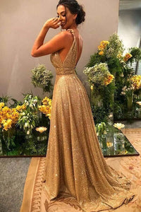 Promfast A-line Gold Sequin Empire Prom Dress Long 2020 Sweep Train PFP1807