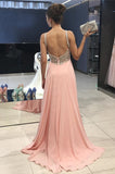 Cheap Peach Chiffon Beading Straps Long A-line Prom Dresses PFP0016