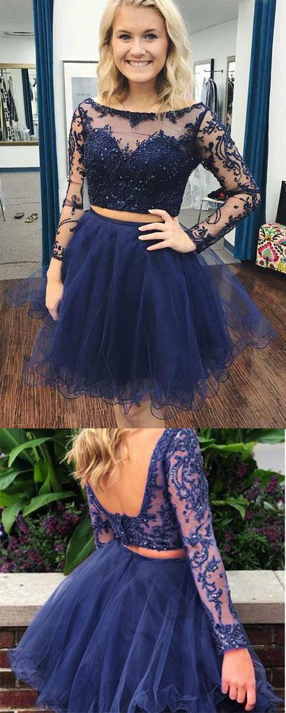 Two Piece Bateau Long Sleeves Dark Blue A Line Tulle Homecoming Dress –  Promfast