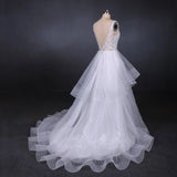 A Line V Neck Layered Backless Wedding Dress, Long Bridal Gown PFW0419