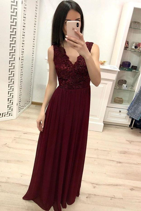 Burgundy Chiffon Lace Appliques Prom Dresses, Long Cheap Prom Gown