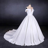 Off the Shoulder White Ball Gown Simple Wedding Dress, Satin Bridal Gown PFW0420