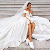 Off the Shoulder White Ball Gown Simple Wedding Dress, Satin Bridal Gown PFW0420