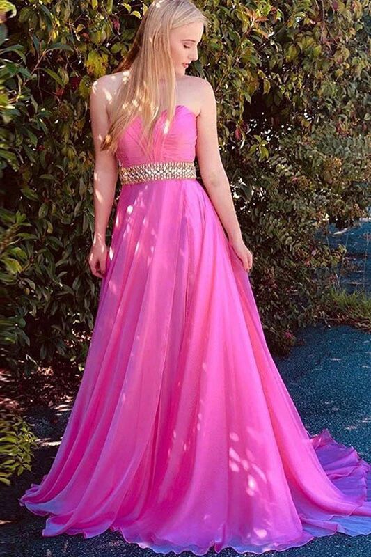 A-Line Sweetheart Sweep Train Fuchsia Chiffon Prom Dress with Beading Ruched PFP1573