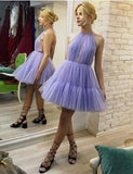 Halter Lavender A-Line Tulle Short Unique Homecoming Dresses PFH0031