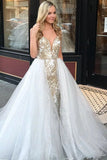 A-Line Spaghetti Straps Floor Length White Detachable Train Prom Dress with Appliques PFP1576