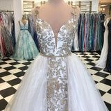 A-Line Spaghetti Straps Floor Length White Detachable Train Prom Dress with Appliques PFP1576